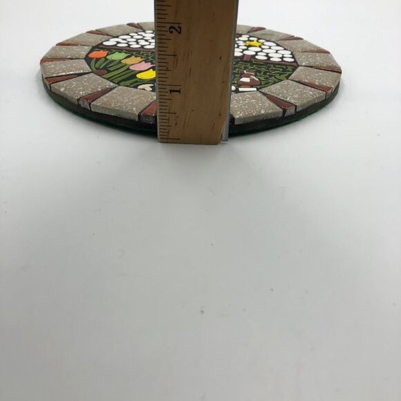 Vintage Mosaic Brown Ceramic Tile Art Trivet Round Windmill Country Farm House - Picture 8 of 8